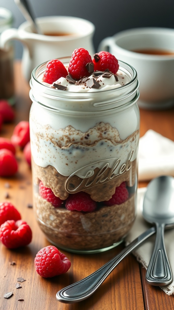 A jar of Chocolate Raspberry Overnight Oats with chocolate, raspberries, and dark chocolate shavings on a wooden table.